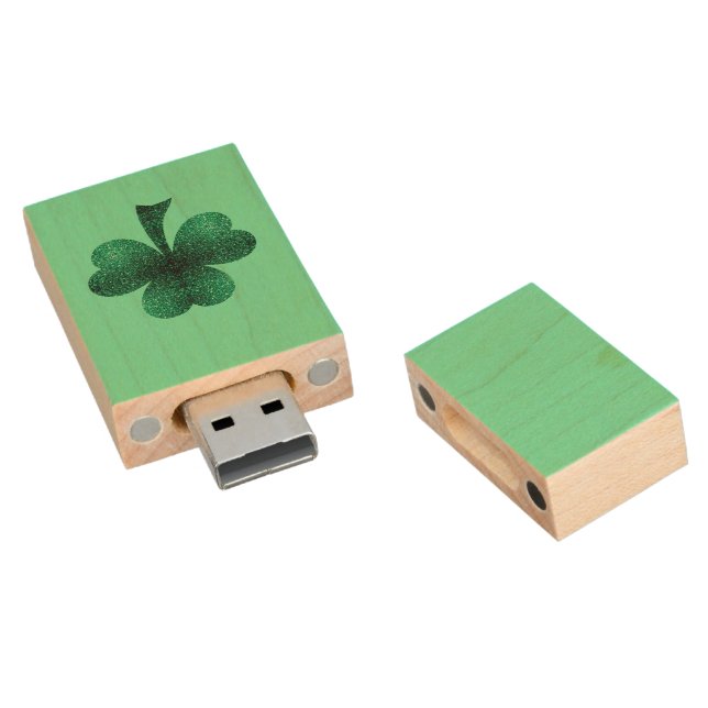 Green Sparkles Shamrock St. Patrick' Day turquoise Wood USB Flash Drive (Angled)