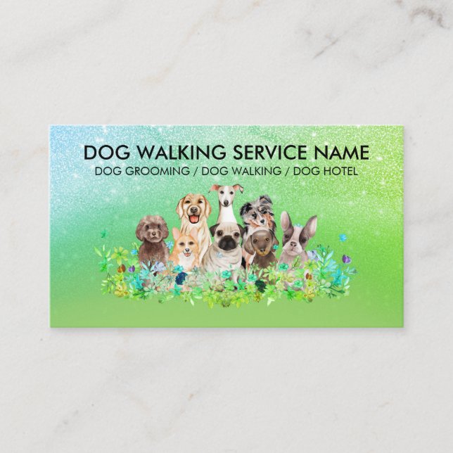 Green Sparkling Dog Walker Business Card (Front)