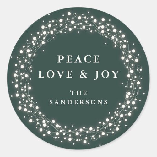 Green Sparkling Lights Peace Love  Joy Christmas Classic Round Sticker