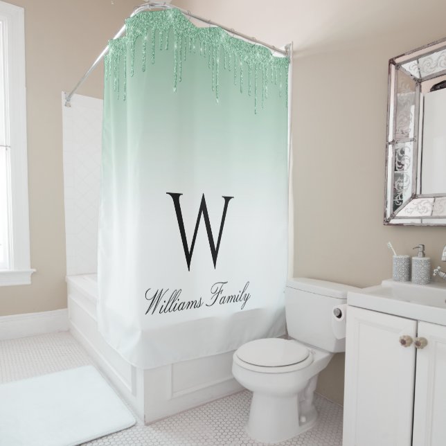 green sparkly dripping glitter shower curtain (In Situ)