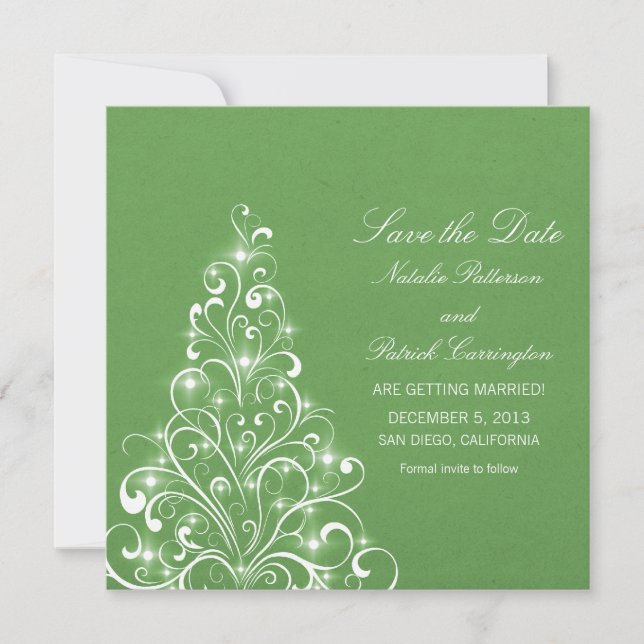 Green Sparkly Holiday Tree Save the Date Invite (Front)