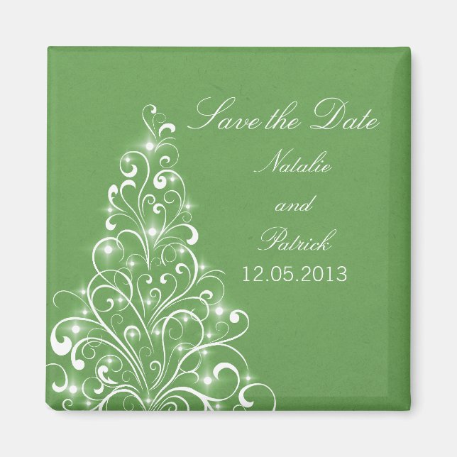 Green Sparkly Holiday Tree Save the Date Magnet (Front)