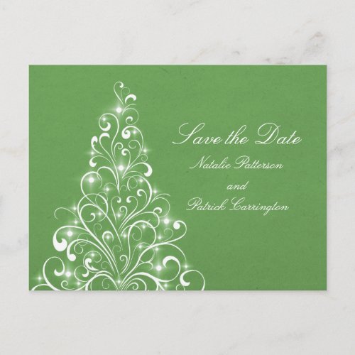 Green Sparkly Holiday Tree Save the Date Postcard