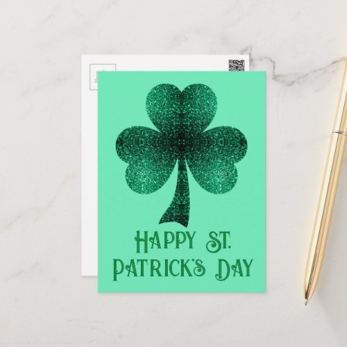 Green Sparkly Shamrock St Patricks Day turquoise Postcard