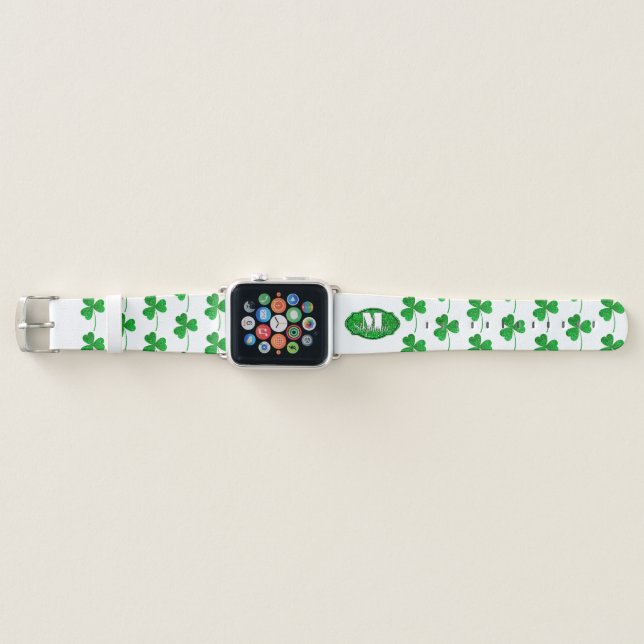 Green Sparkly Shamrocks Monogrammed St Patrick Apple Watch Band (Front)