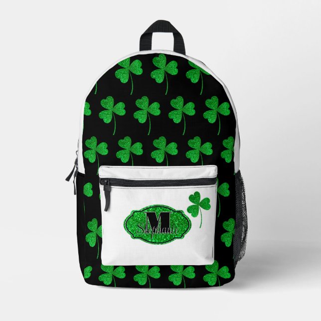 Green Sparkly Shamrocks Monogrammed St Patrick Printed Backpack (Front)