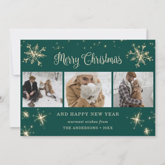 Green Sparkly Snowflake Photo Christmas Cards