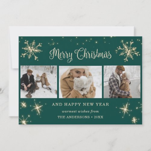 Green Sparkly Snowflake Photo Christmas Cards