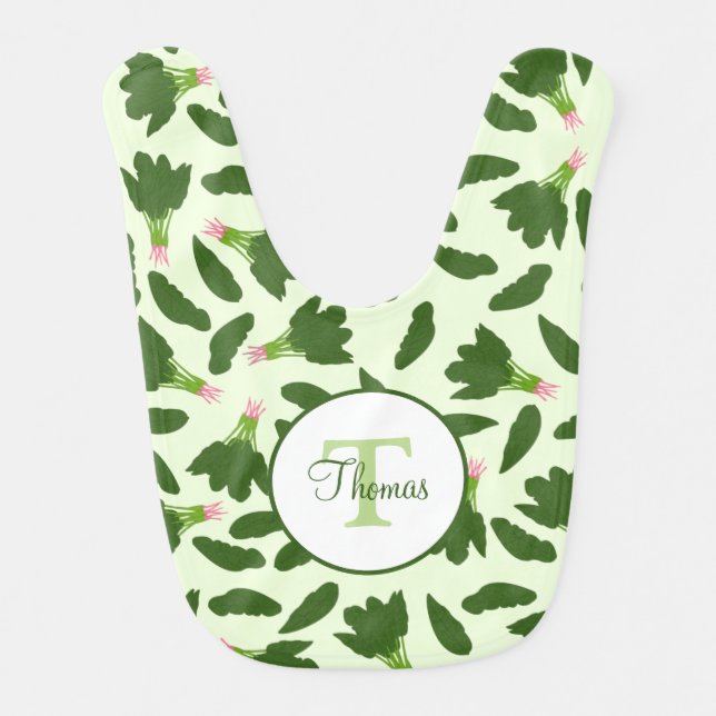 Green Spinach Leaves Pattern Monogram Names Baby Bib (Front)