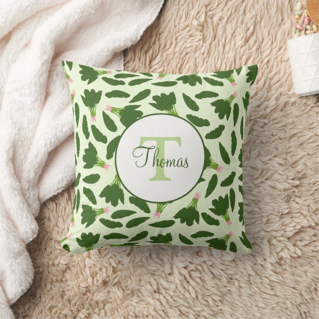 Green Spinach Leaves Pattern Monogram Names Throw Pillow (Blanket)