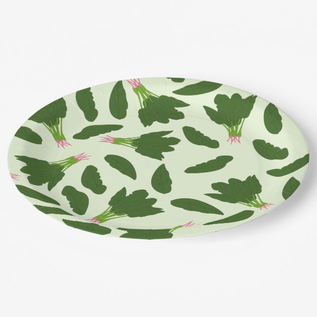 Green Spinach Leaves Pattern Paper Plates (Angled)