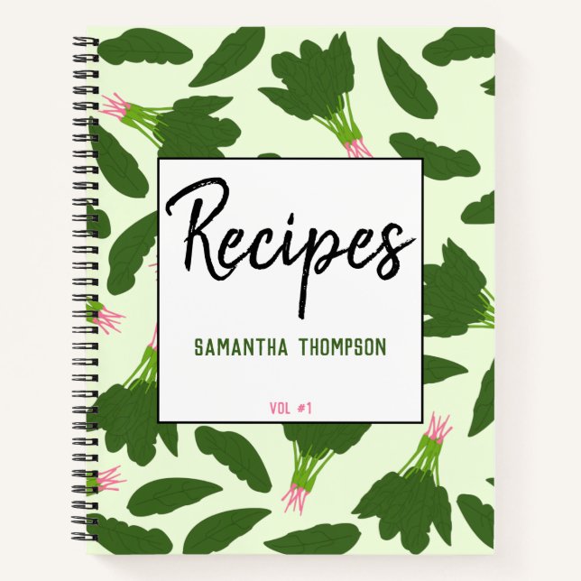 Green Spinach Leaves Pattern Recipes Cookbook Notebook (Front)