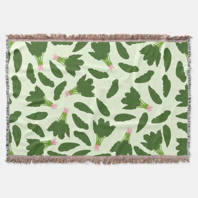 Green Spinach Leaves Pattern Throw Blanket (Front)
