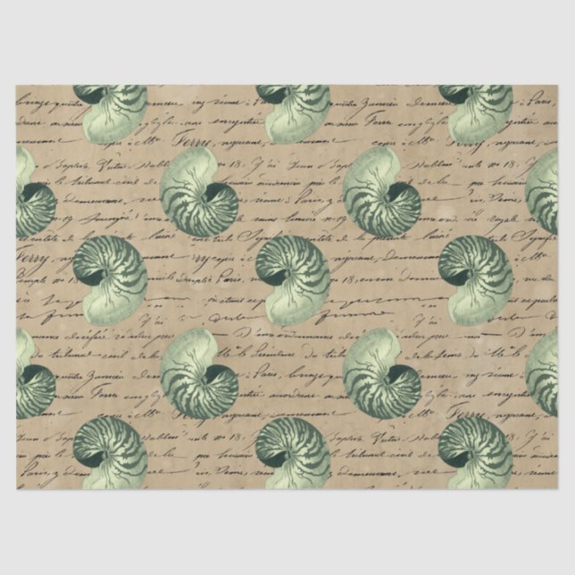 Green Spiral Seashells on Tan Decoupage Tissue Paper (Front)