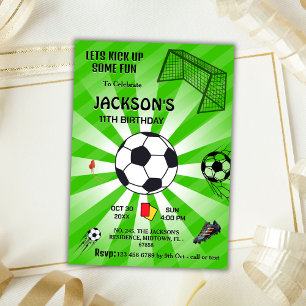 Green sport ball soccer themed modern 11th bday invitation