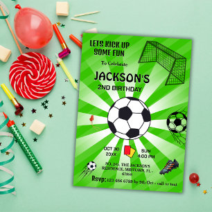 Green sport ball soccer themed modern 2nd birthday invitation