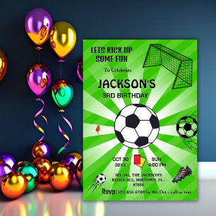 Green sport ball soccer themed modern 3rd birthday invitation