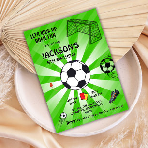 Green sport ball soccer themed modern 9th birthday invitation