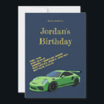 Green Sports Car Birthday Invitation<br><div class="desc">This birthday invitation is perfect for any car fan of any age. Simply update with your details and purchase.</div>