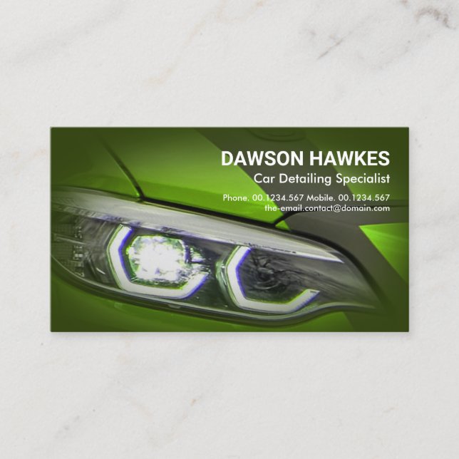 Green Sports Car Headlights Auto Detailing Business Card (Front)