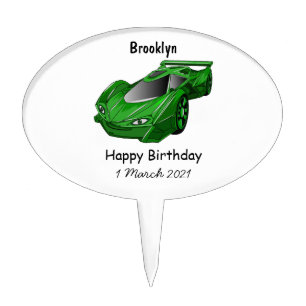Green sports car with airfoil illustration cake topper