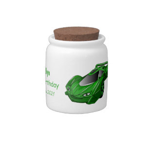 Green sports car with airfoil illustration candy jar