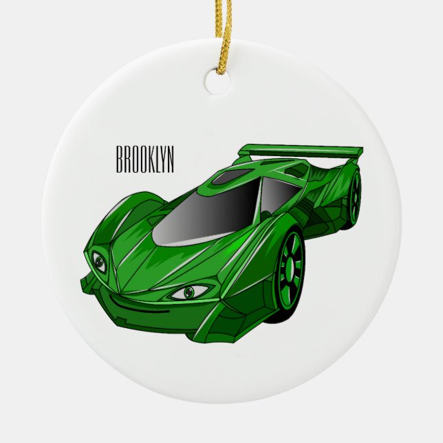 Green sports car with airfoil illustration ceramic ornament (Front)