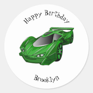 Green sports car with airfoil illustration classic round sticker