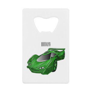 Green sports car with airfoil illustration  credit card bottle opener