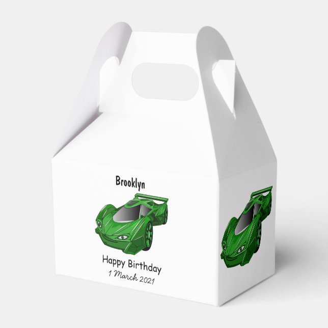 Green sports car with airfoil illustration favor boxes (Front Side)