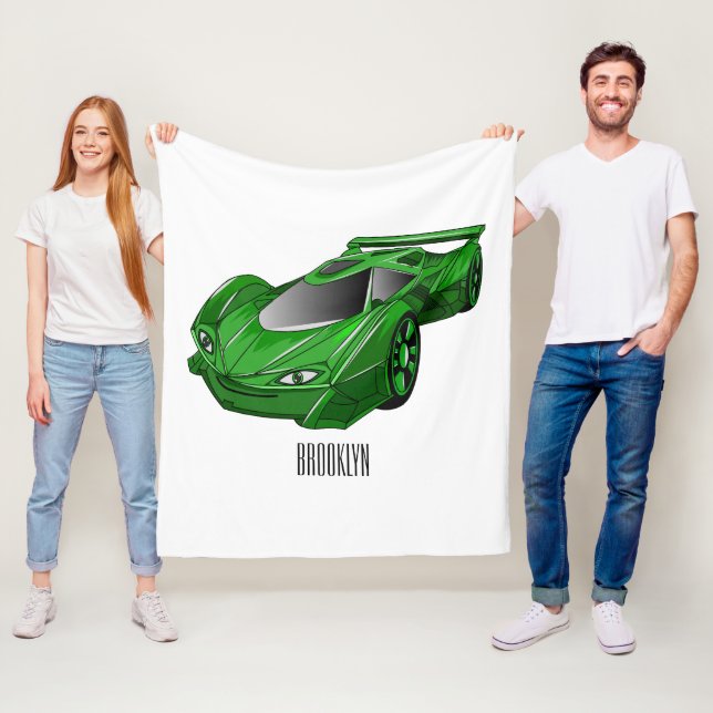 Green sports car with airfoil illustration fleece blanket (In Situ)