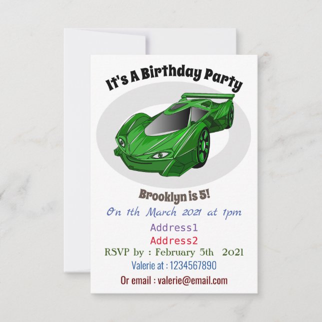 Green sports car with airfoil illustration invitation (Front)