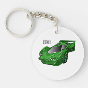 Green sports car with airfoil illustration keychain