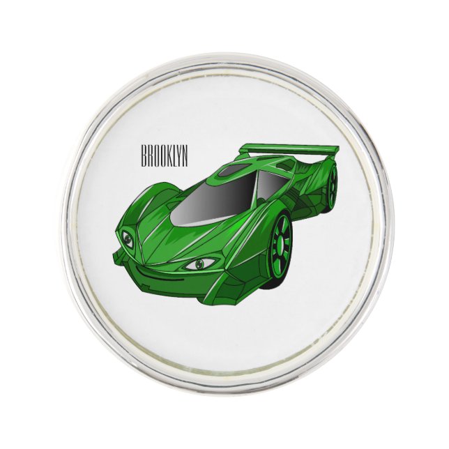 Green sports car with airfoil illustration lapel pin (Front)