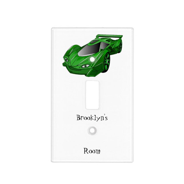 Green sports car with airfoil illustration light switch cover (Front)