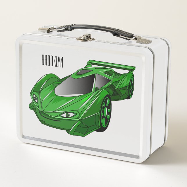 Green sports car with airfoil illustration metal lunch box (Front)
