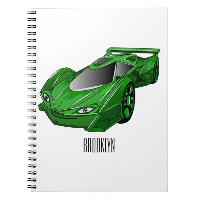 Green sports car with airfoil illustration notebook (Front)