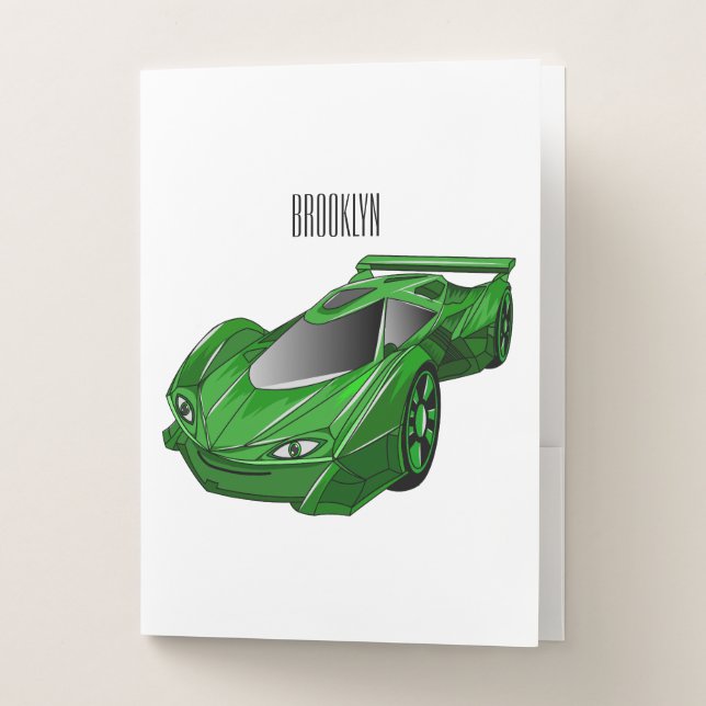 Green sports car with airfoil illustration pocket folder (Front)