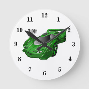 Green sports car with airfoil illustration round clock