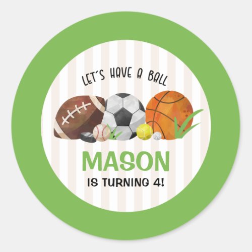 Green Sports Football Basketball Birthday Party  Classic Round Sticker