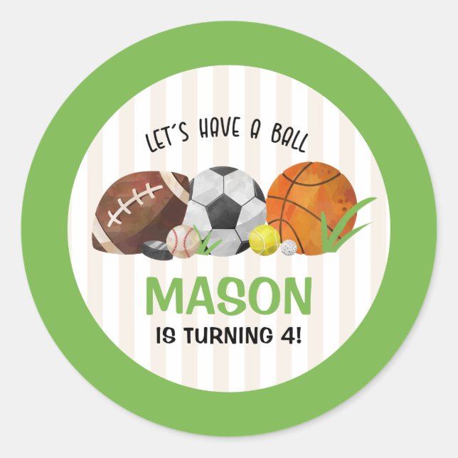 Green Sports Football Basketball Birthday Party  Classic Round Sticker (Front)
