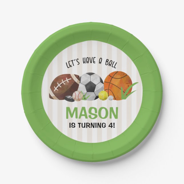 Green Sports Football Basketball Birthday Party  Paper Plates (Front)
