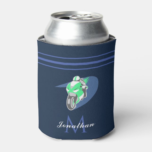 Green Sports Motorbike Extreme Speed Custom Name Can Cooler (Can Front)