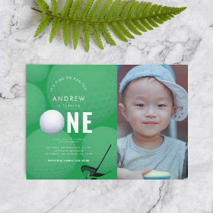 Green Sports Photo Golf 1st Birthday Party Invitation