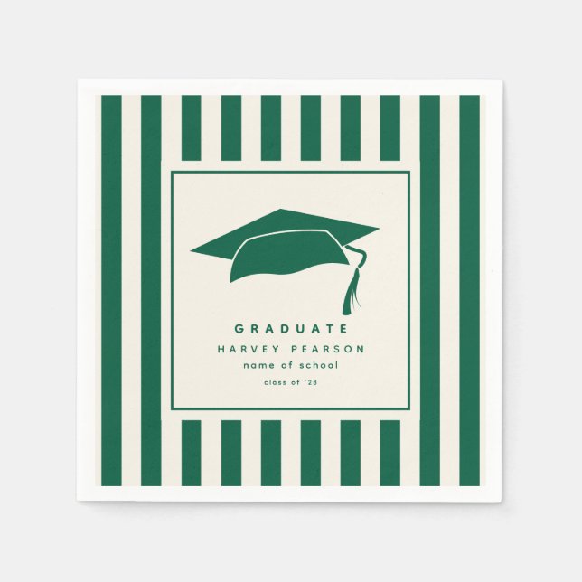 Green Sporty Stripes Custom Graduation Party Napkins (Front)