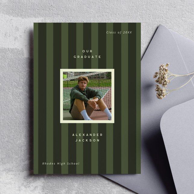 Green Sporty Stripes Graduation Photo  Announcement (green sporty stripes male graduation photo announcement )