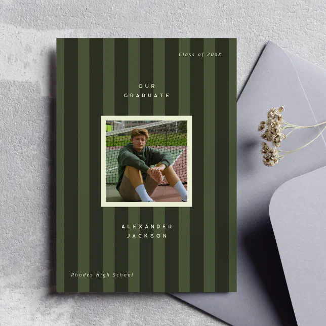 Medium green and dark green striped graduation announcement card featuring a picture of the graduate.