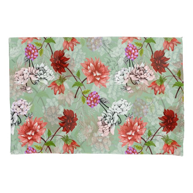 Green Spring Floral: Hand Drawn Pillow Case (Front)