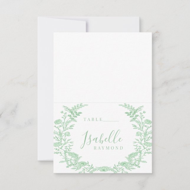 Green spring toile flower wedding place cards (Front)