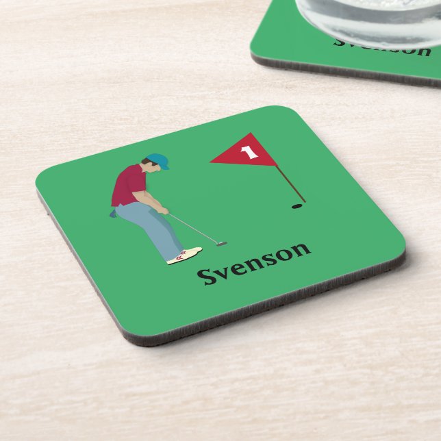 Green Square Golfer Putting Golf Ball Beverage Coaster (Left Side)